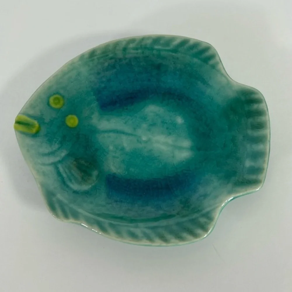 Crate & Barrel Japanese Crackle Ceramic Blue Green Fish Trinket/Kitchen Dish